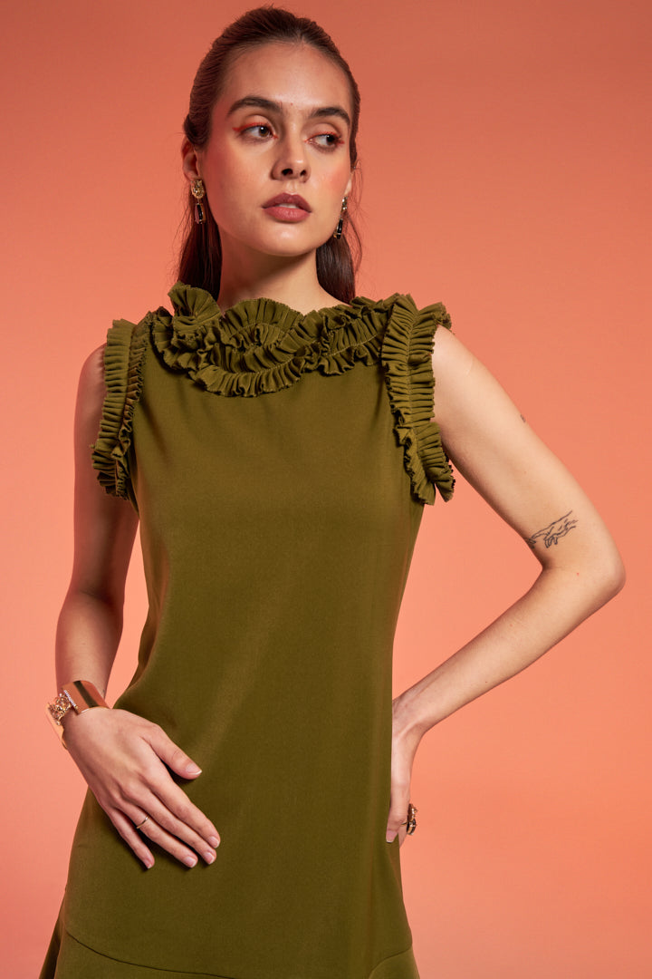 Bianca Olive Frill Dress